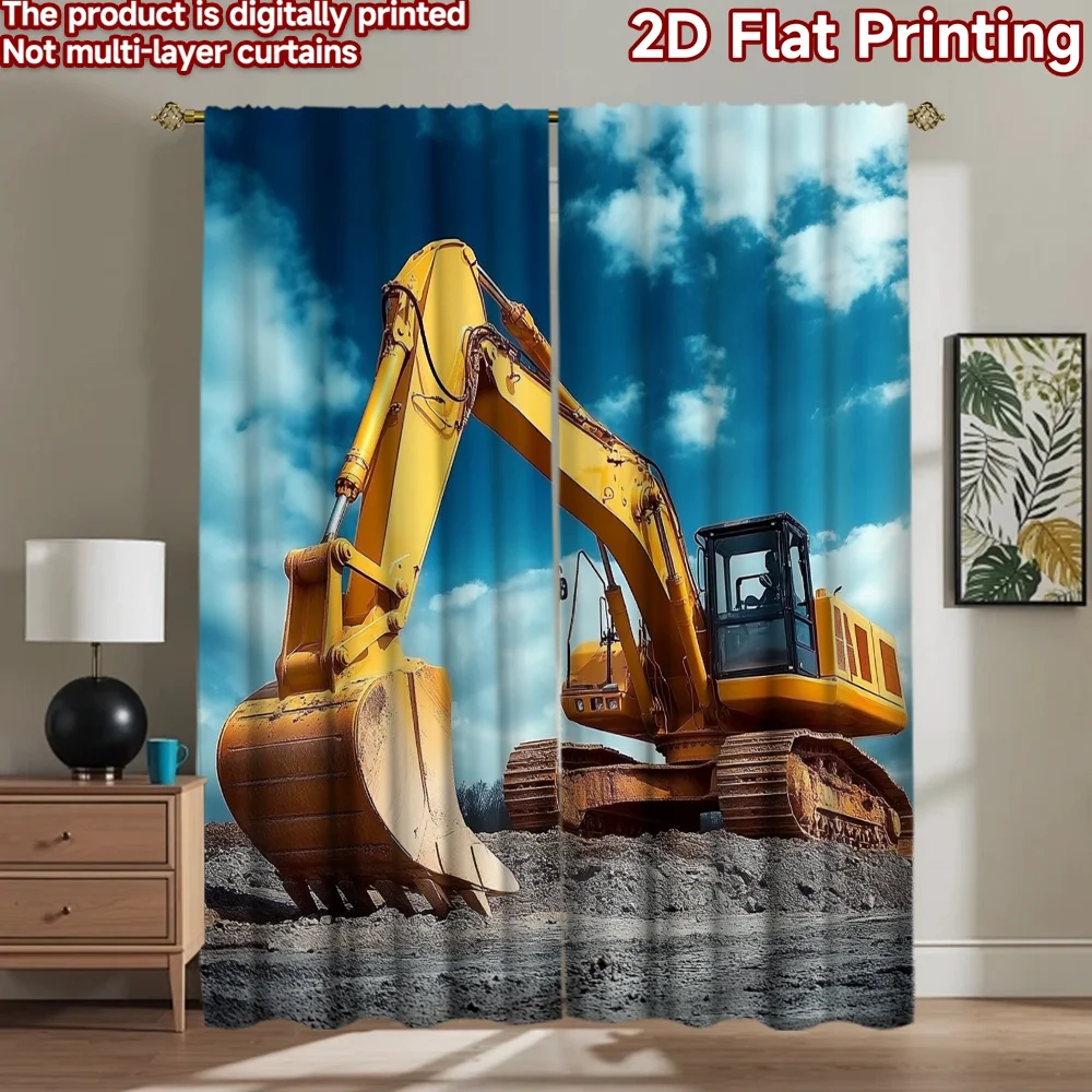 2D flat 2pcs Curtain Modern Minimalist Style Yellow Excavator Under Sky Digitally printed polyester, colorfast Festive Curtains