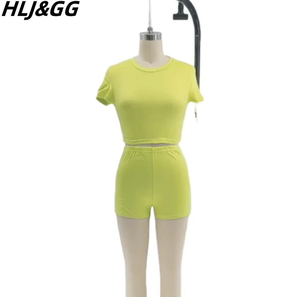 HLJ&GG Summer New Solid Skinny Shorts Two Piece Sets Women Round Neck Short Sleeve Crop Top And Shorts Outfits Fashion Clothing