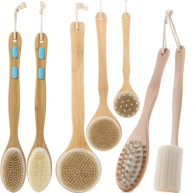 Wooden Detachable Long Handle Shower Body Brush Bathing Massage Back Body Exfoliating Brushes Bathroom Wash Brush Bath Tools 1Pc