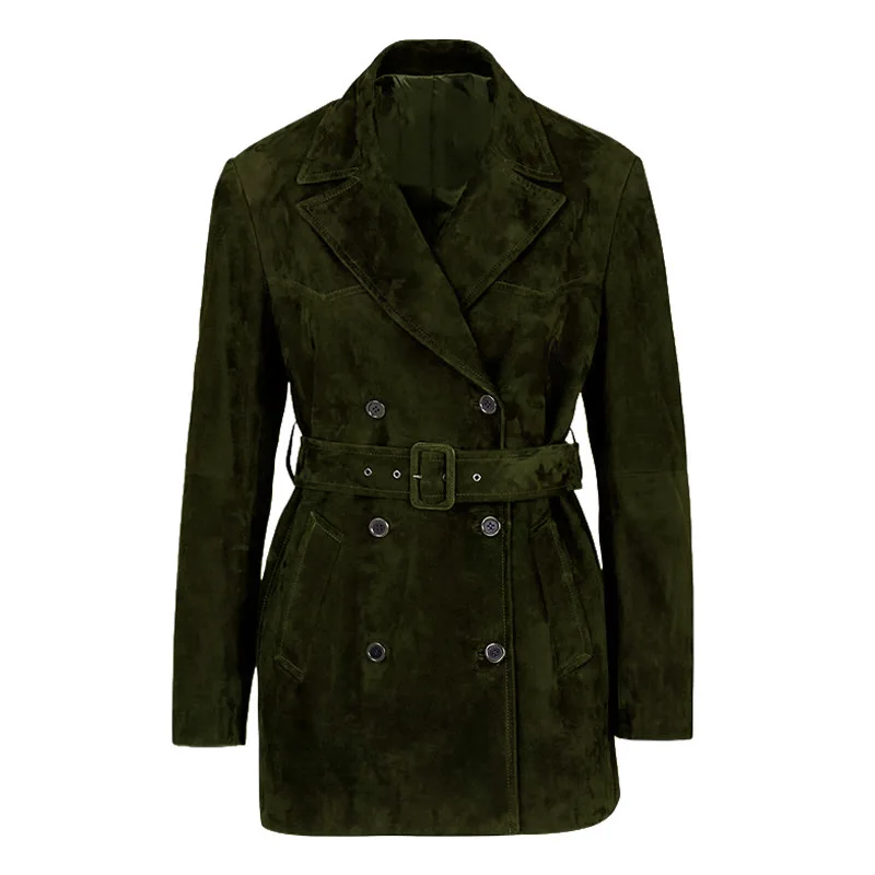 100% 염소가죽 블레이저 코트 여성용 2025 가을 겨울 레트로 커피 스웨이드 키드 가죽 영국 스타일 더블 브레스티드 웨이스트드 재킷