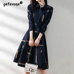 Elegant Fashion Geometric Printed Belt Dresses Spring 2026 Long Sleeve Polo-neck Loose Tunic Pullover Midi Dress Female Clothing