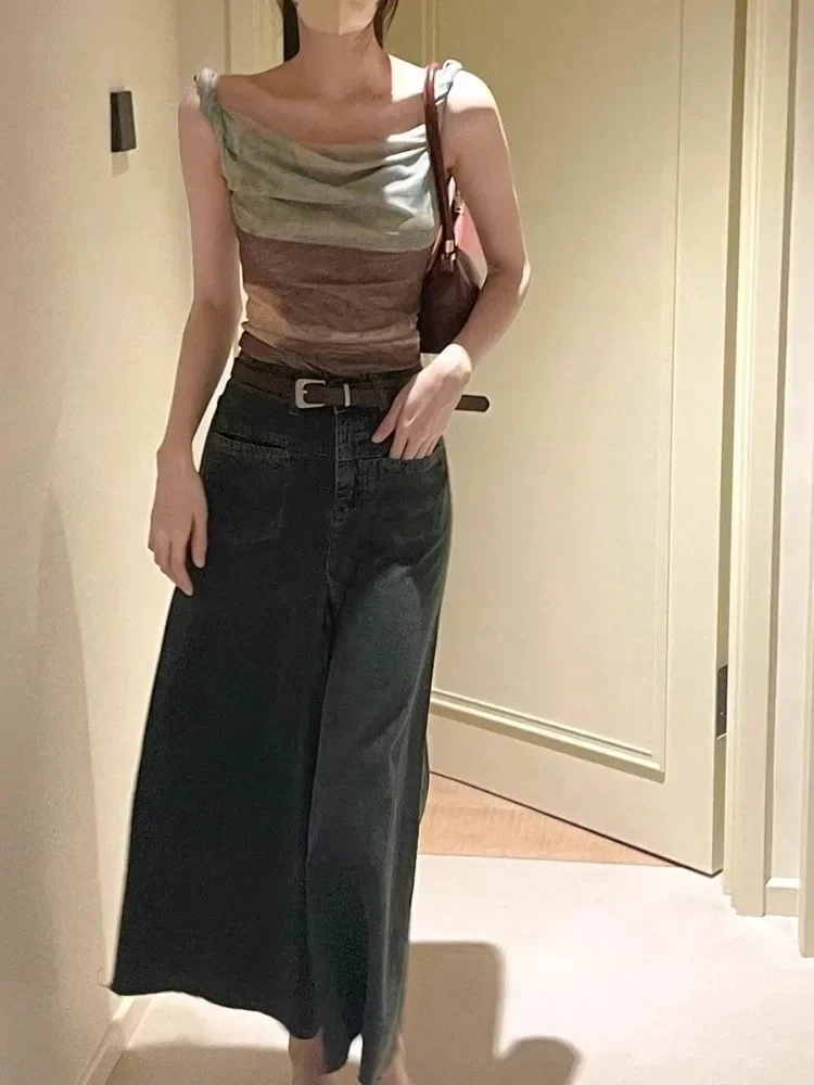 2024 Ropa Mujer Y2k Tops Fashion Summer Korean Camis Tie-dye Gauze Backless Vest Harajuku Irregular Crop Tanks Women Clothes