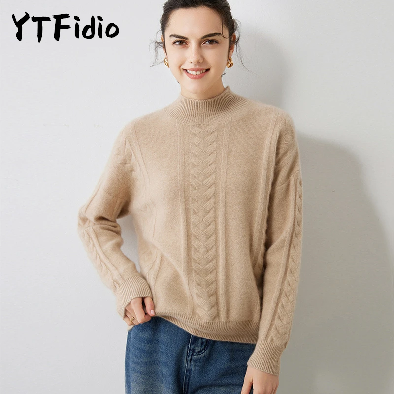 

YTFidio 100% Cashmere Women Half high Collar Sweater Streetwear Solid Knitwear Turtleneck Loose Soft Pullover Female Tops 20