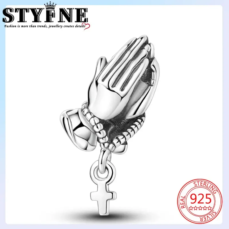 Symbols Beads 925 Sterling Silver Praying Hands with Cross Necklace bracelet charms for Women's Jewelry DIY Pulseras Gift