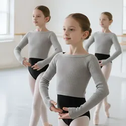 Girls Ballet Sweater Kids Ballet Tops Dance Knitwear Sweater Warm Thermal Dance Coat Boat Neck Knitted Jacket Dance Tops Girls