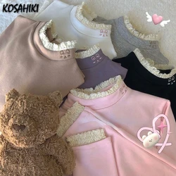 KOSAHIKI Embroidery Fleece Basic T Shirt Long Sleeve Lace Turtleneck Simple T-shirts Women Harajuku Kawaii Funny Student Tshirt