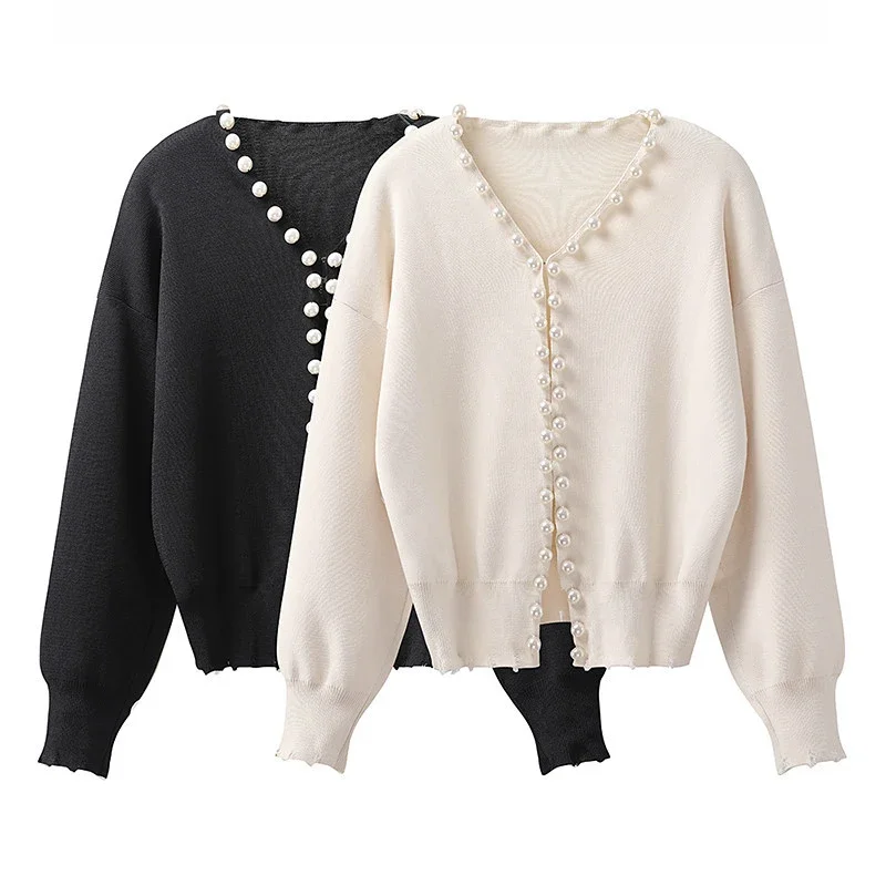 Women Casual Cardigan Sweater Elegant Long Sleeve Knit Sweater With Pearls Elegant White Sweater Coat Jacket