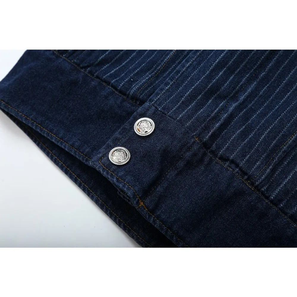Women's Blue Striped Denim Pant Sets Cowgirls 2 Piece Set Double-breasted Striped Denim Jacket Matching Tonal Straight Leg Jeans view 4