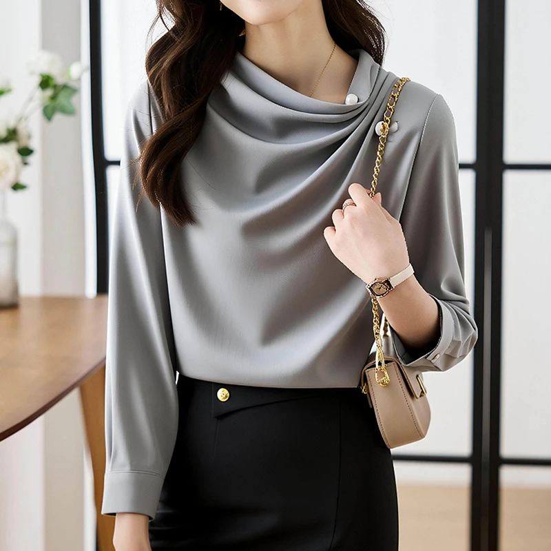 

Elegant Office Ladies Womens Tops Dressy Casual Long Sleeve Chiffon Spliced Top with Pearls Skew Neck Slim Fit Cape Style Blouse