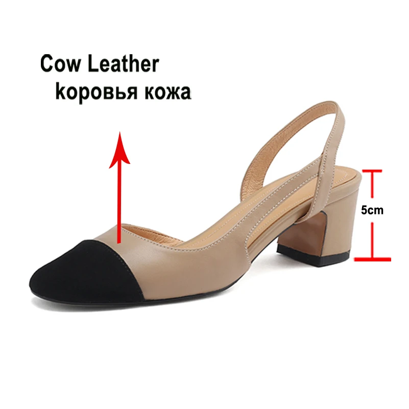 Meotina Women Genuine Leather Pumps Round Toe Chunky Mid Heels Concise Ladies Fashion Career Shoes Summer Silver Apricot 40