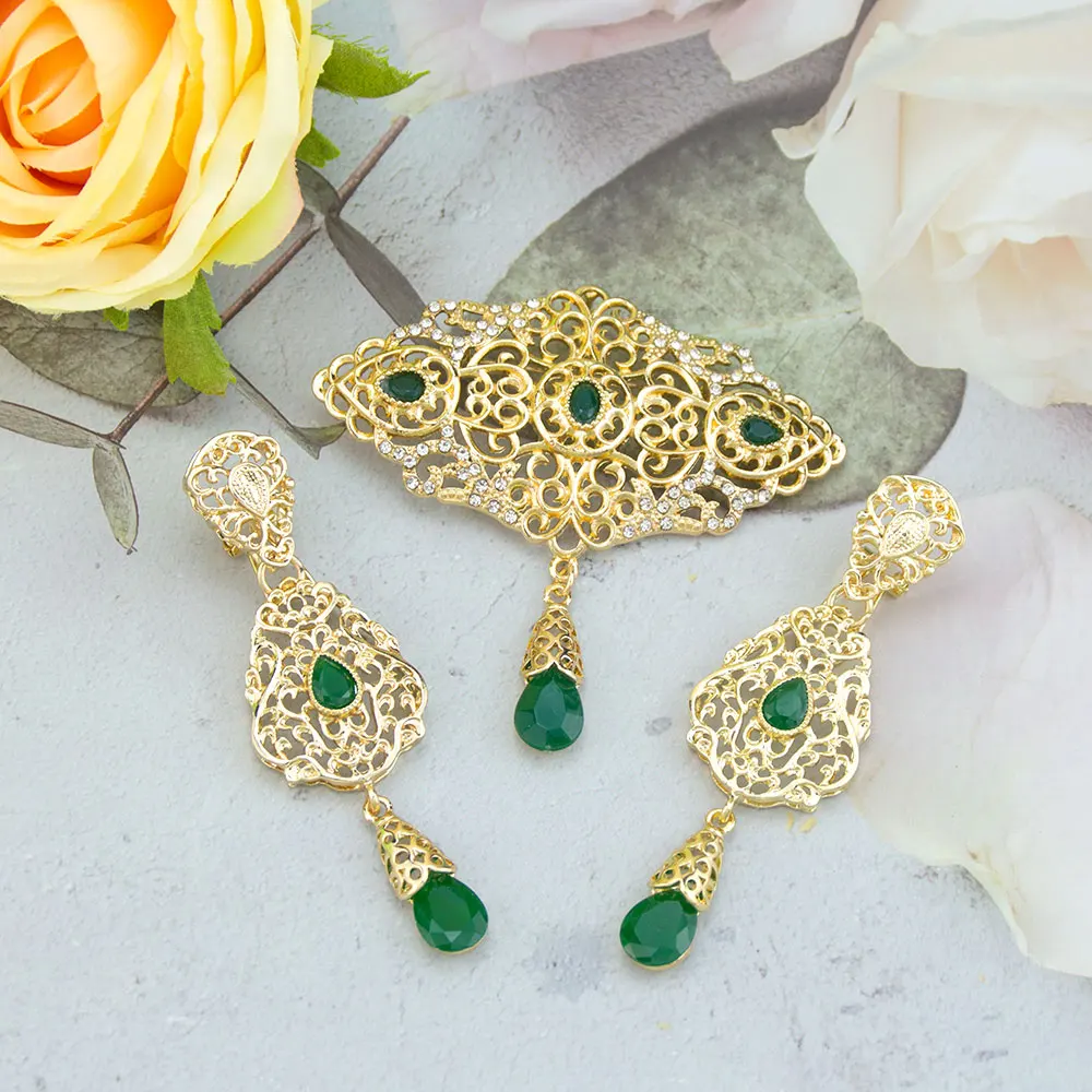 Gold Color Moroccan Jewelry Women Caftan Brooch Pins Drop Earring Crystal Arabian Bridal Bijoux Eardrop Broches Set