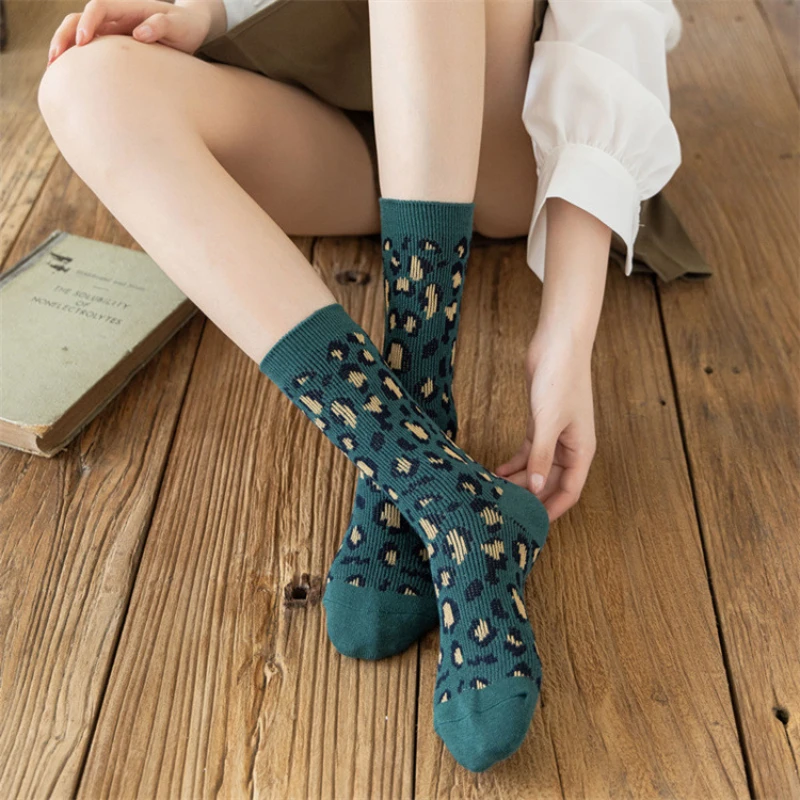 Multi-color retro British style sexy leopard print piles of cotton socks new double-needle double-way women's long mid calf sock