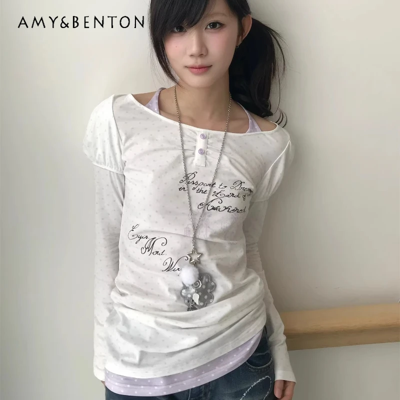 

Original Retro Design Puff Sleeve Women's Long Sleeve T-shirt 2026 New Fake Two-piece Splicing Versatile Age-reducing Top Ladies