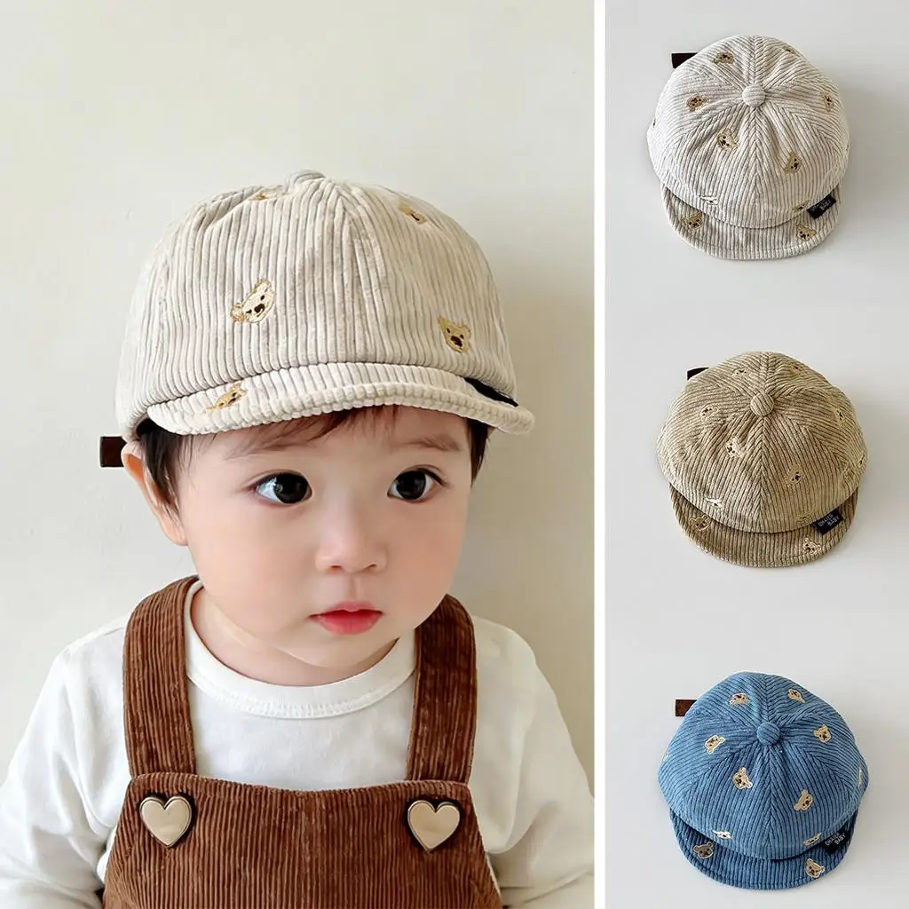 Spring Cotton Corduroy Bear Print Hat Cartoon Cute Baby Baseball Hat Solid Color Duck Tongue Cap Boys Girls Toddler Kids Hat view 2