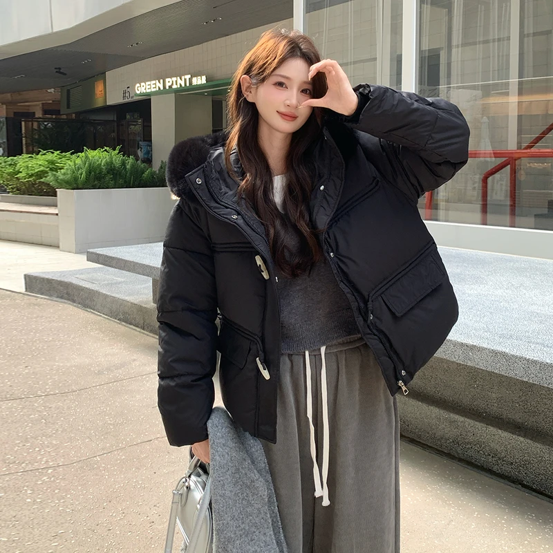 

Autumn Winter Thick Warm Puffer Jacket Women Outerwear 2025 Fashion Down Cotton Padded Short Coat Female Fur Collar Hooded Parka