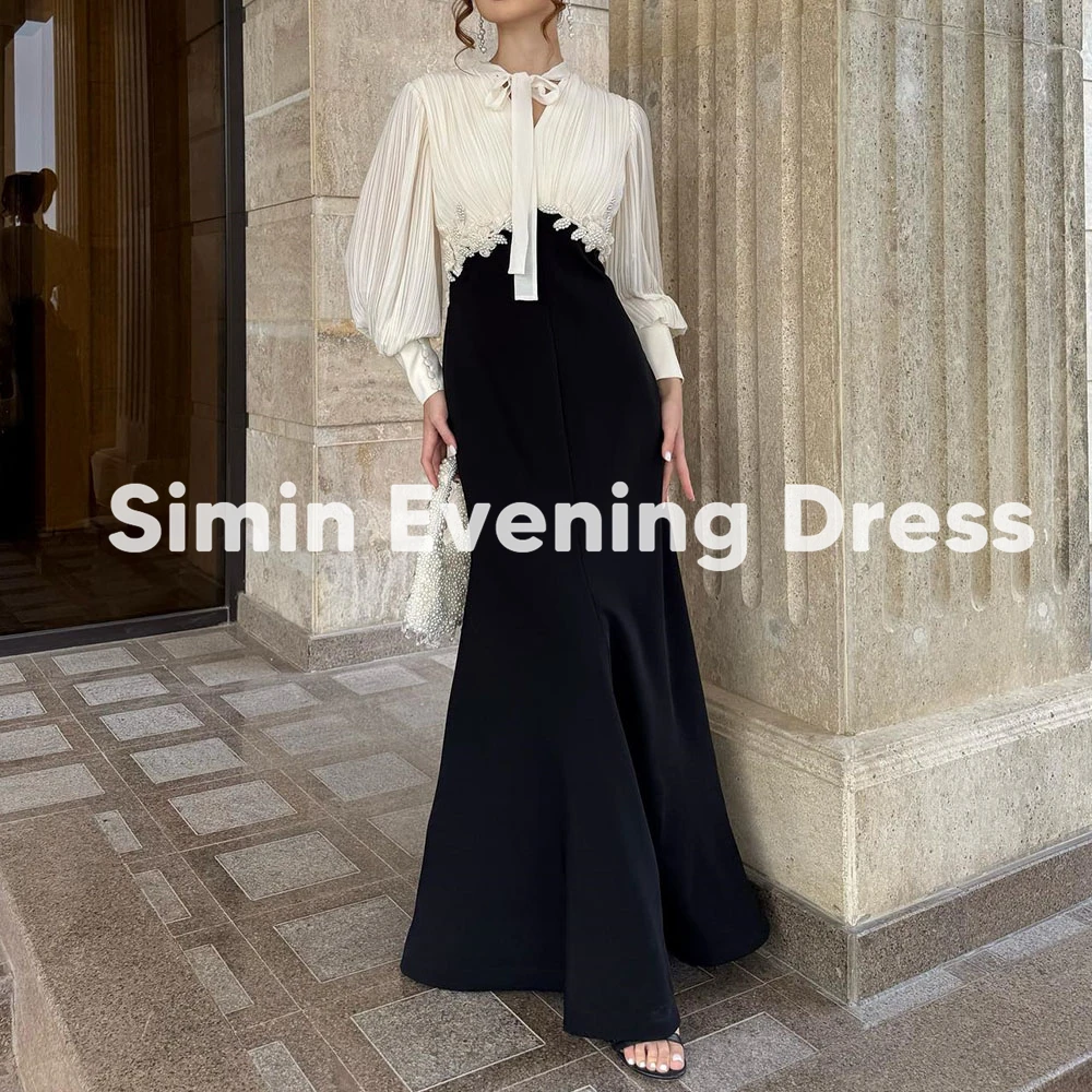 

Simin Women's V-neck Pleats Mermaid Pearls Applique Evening Dresses With Long Sleeves Floor-Length Formal Elegant Dresses 2025
