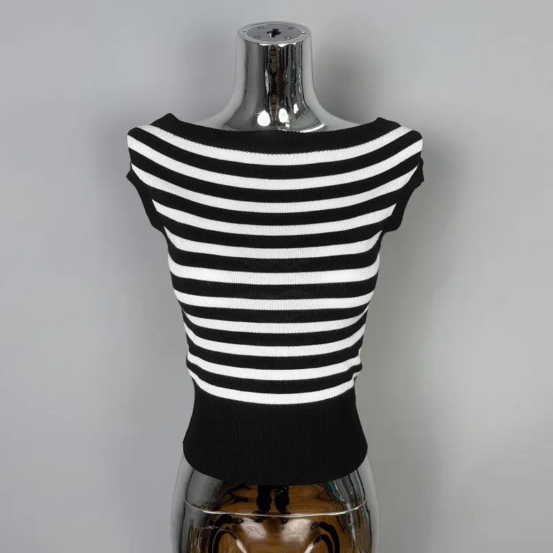 Korean OL tops Slim Sexy Hot Girl Striped Design Versatile Knitted Top T-Shirt Women's Fashion Women Tshirt Tees Fashion RPG8