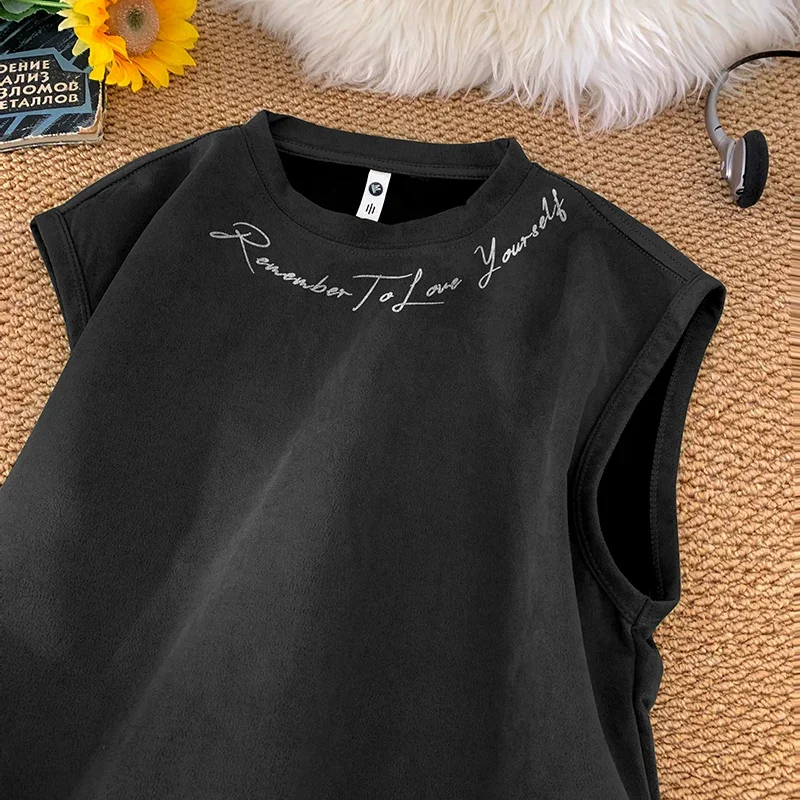 

T-shirt hip hop loose streetwear men's vest men's suede vest fashion summer round neck printed sleeveless T-shirt