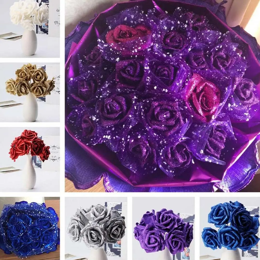 10 Uds. Ramo de novia de rosas azules con polvo brillante, rosas artificiales, decoración de rosas de espuma, flores artificiales