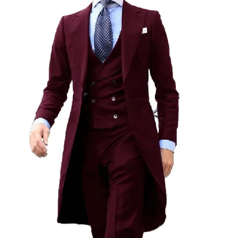 

New Arrivel Long Coat Designs Burgundy Men Suit Gentle Mens Tuxedo Prom Blazer Custom 3 Pieces (Jacket+vest+Pants)