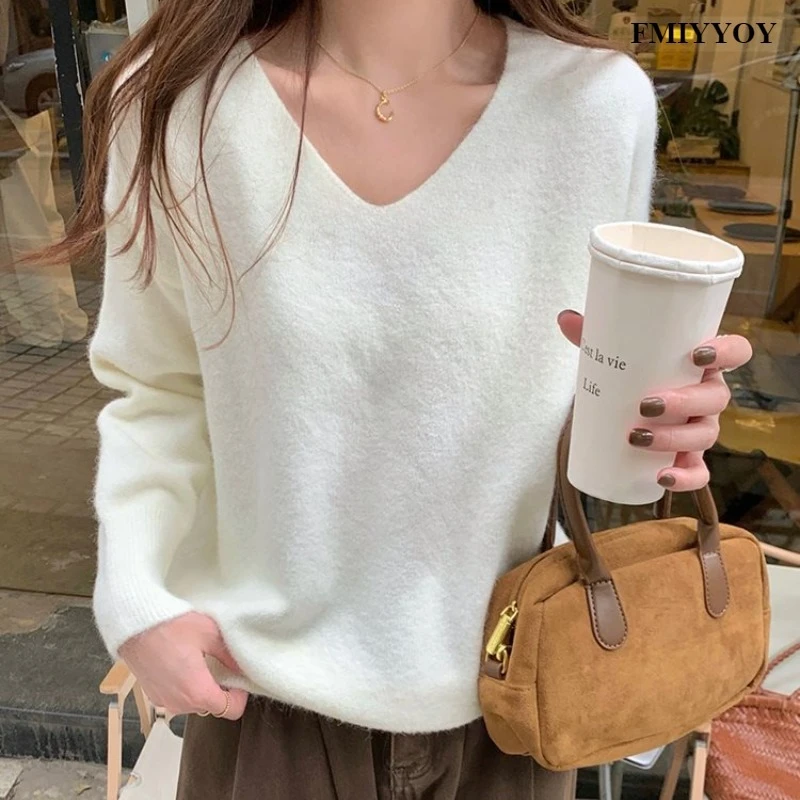 

FMIYYOY 2025 New Simple V-Neck Knit Sweater Women's Autumn/Winter New Basic Loose Inner Top