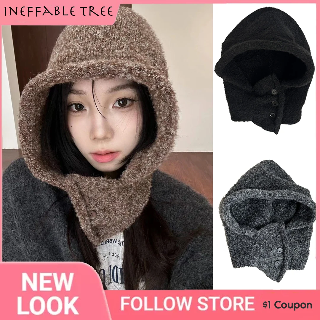 

Winter Wool Blend Balaclava Hats for Men&Women Unisex Knitted Hooded Caps Warmer Buckle Hat One-Piece Neck Collar Beanies Gorros