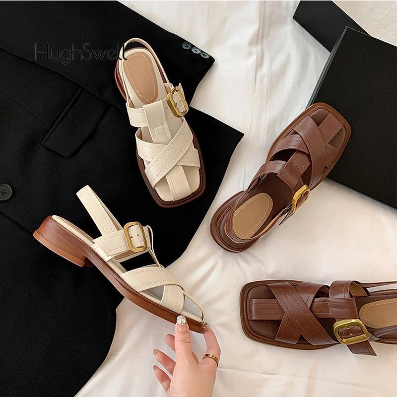 

Leather Buckle Strap Sandals Woman Summer Low Heel Rome Gladiator Shoes Ladies Brand Design Vintage Weaved Sandalias