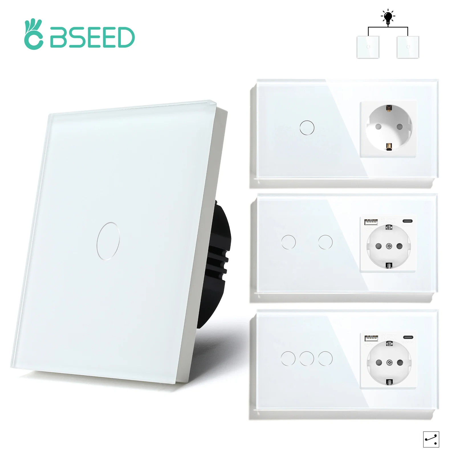 BSEED 1/2/3Gang Touch Light Switches 1/2/3Way Wall Switches For Stairs Corridor EU Socket Type-c USB Sockets Glass Panel