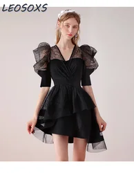 Retro Socialite Black Dress Women's Clothing Spring and Autumn Irregular Sexy Mesh Elegant Annual Meeting Dress Summer Dress