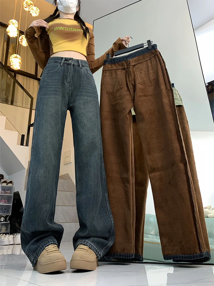 

Ретро-джинсы из денима с широкими штанинами для женщин, осенне-зимние, утепленные, с высокой талией, свободные, прямые, стройнящие, длинные брюки