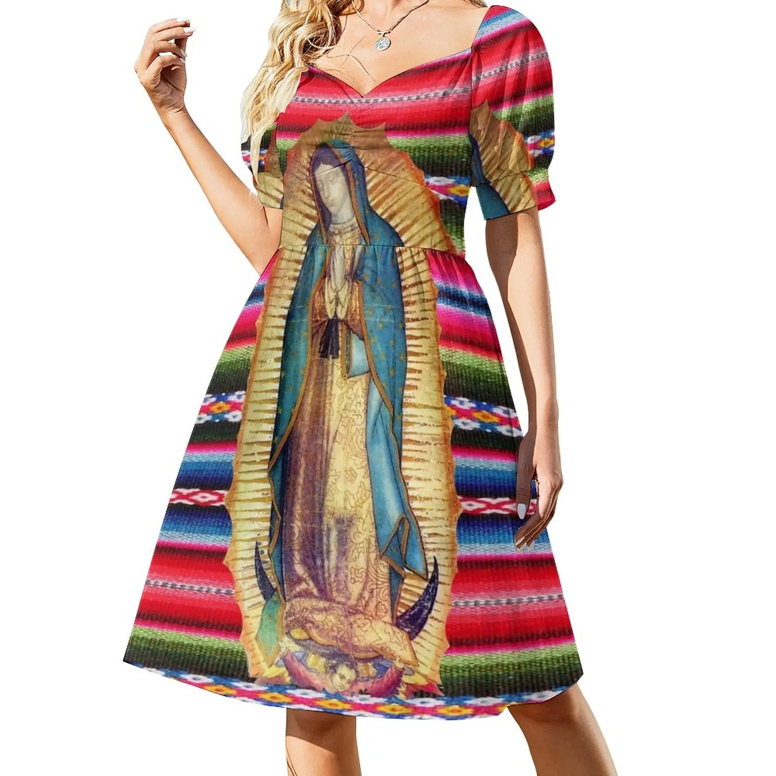 

Our Lady of Guadalupe Virgen Maria Zarape Virgin Mary Catholic 113 Short-Sleeved Dress elegant women's sets