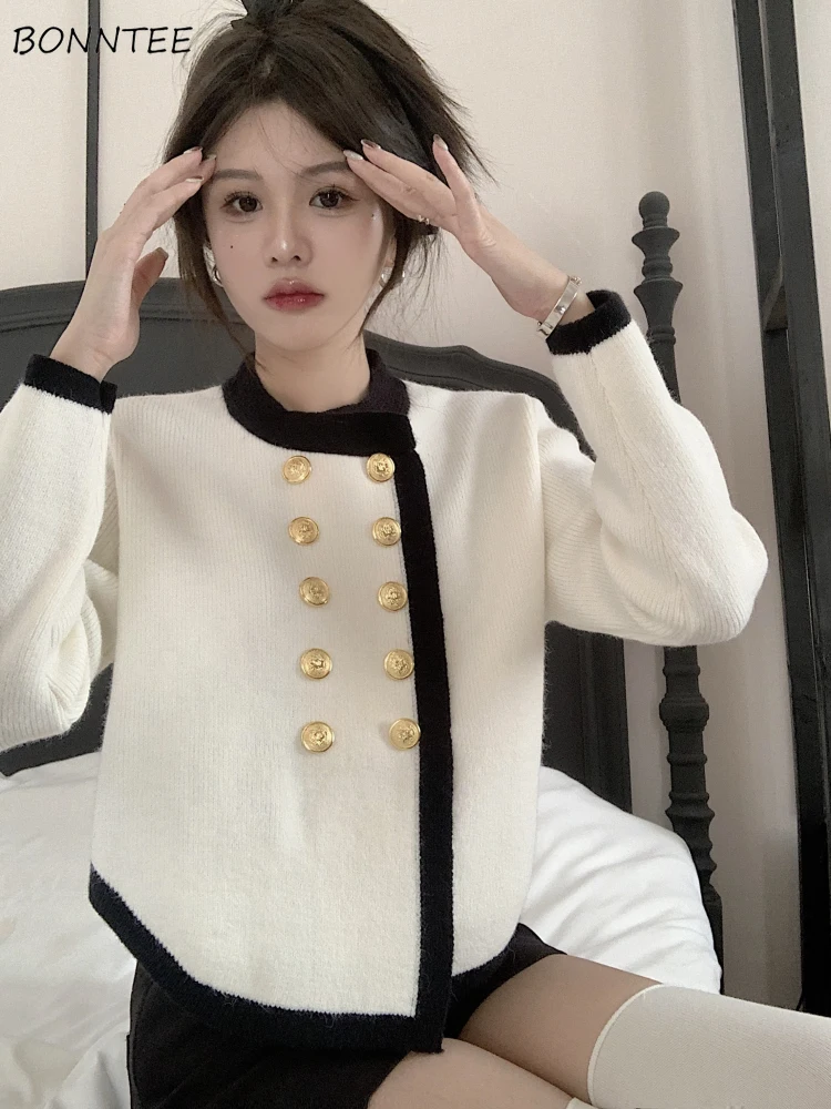 

Jackets Women O-neck Double-breasted Cropped All-match Knitted French Style Panelled Ins Cozy Casual Elegant Outwear Trendy Chic