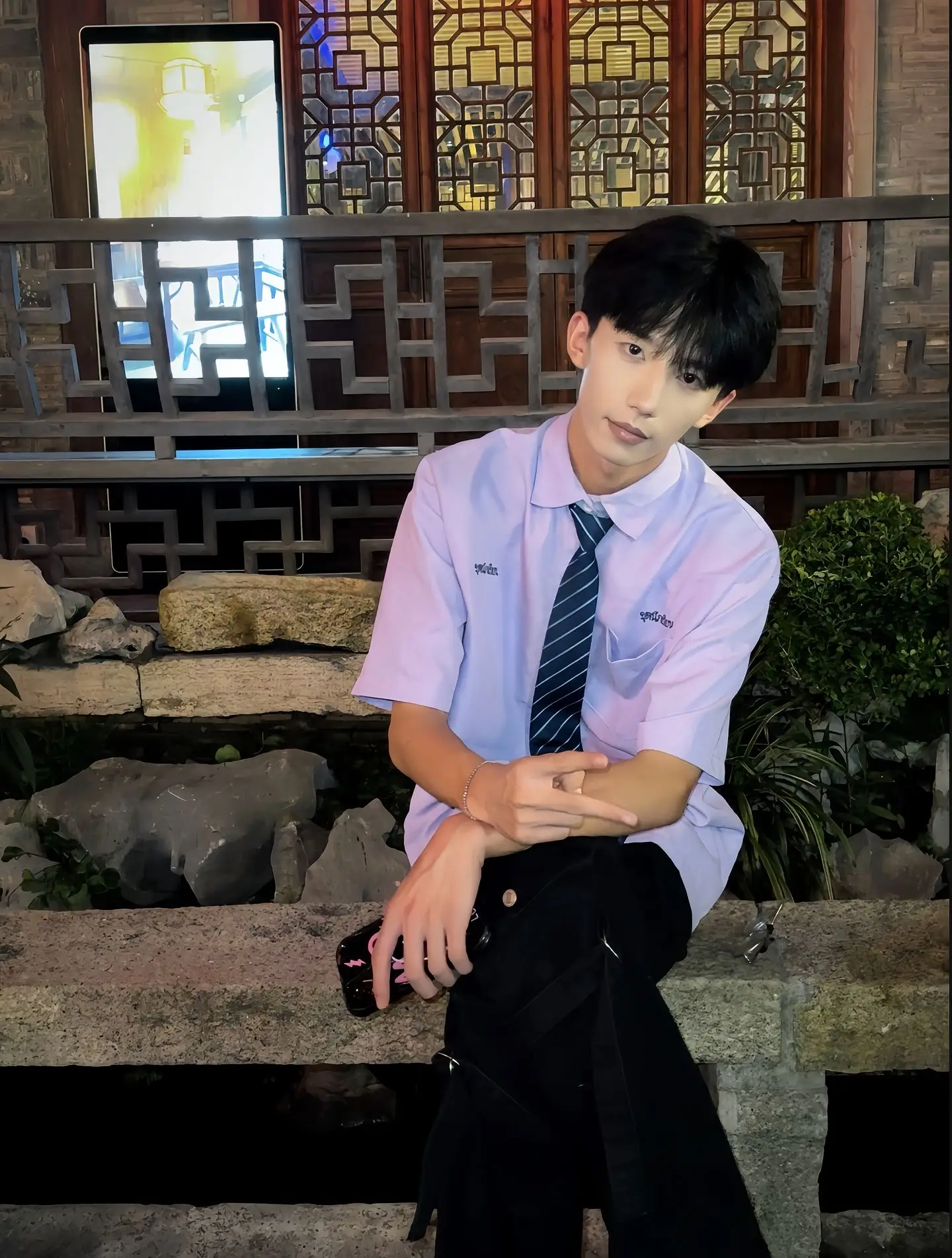 Light Purple Short Sleeve Men's Shirt Student Summer School Uniform Style Thin Versatile Cotton Polyester Blend Breathable Shirt