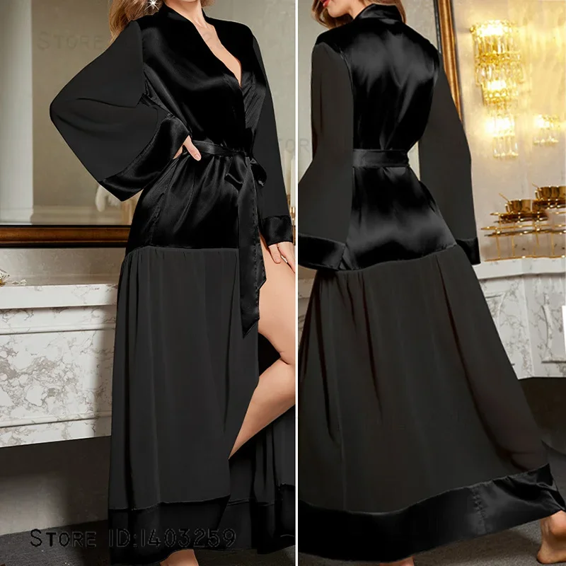 

Female Long Robe Night Dress Elegant Patchwork Mesh Kimono Bathrobe Gown Home Wear Loose Casual Silk Satin Sleepwear Loungewear