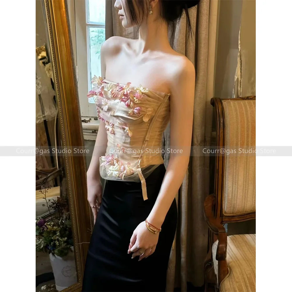 

Pink three-dimensional flowers super fairy fishbone corset outer waisted bra design heavy mesh veil bustier tops female