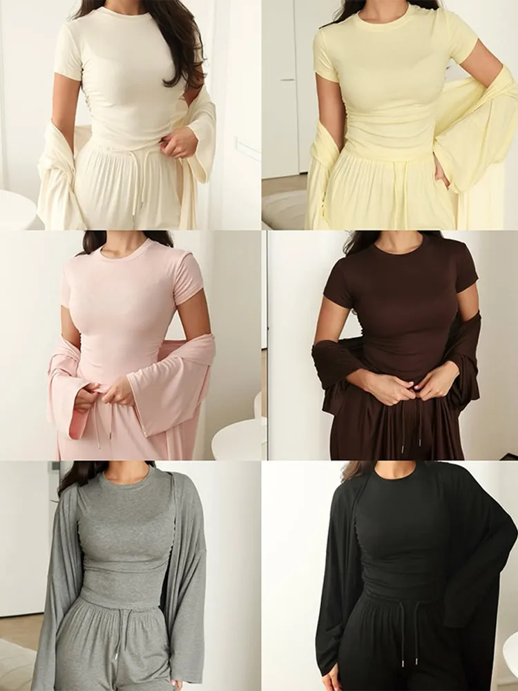 

Fashion Top Pants Jacket 3-Piece Set Women Elegant Short Sleeve Shirts Straight Pant Coat Suit Female Summer Chic Casual Sets