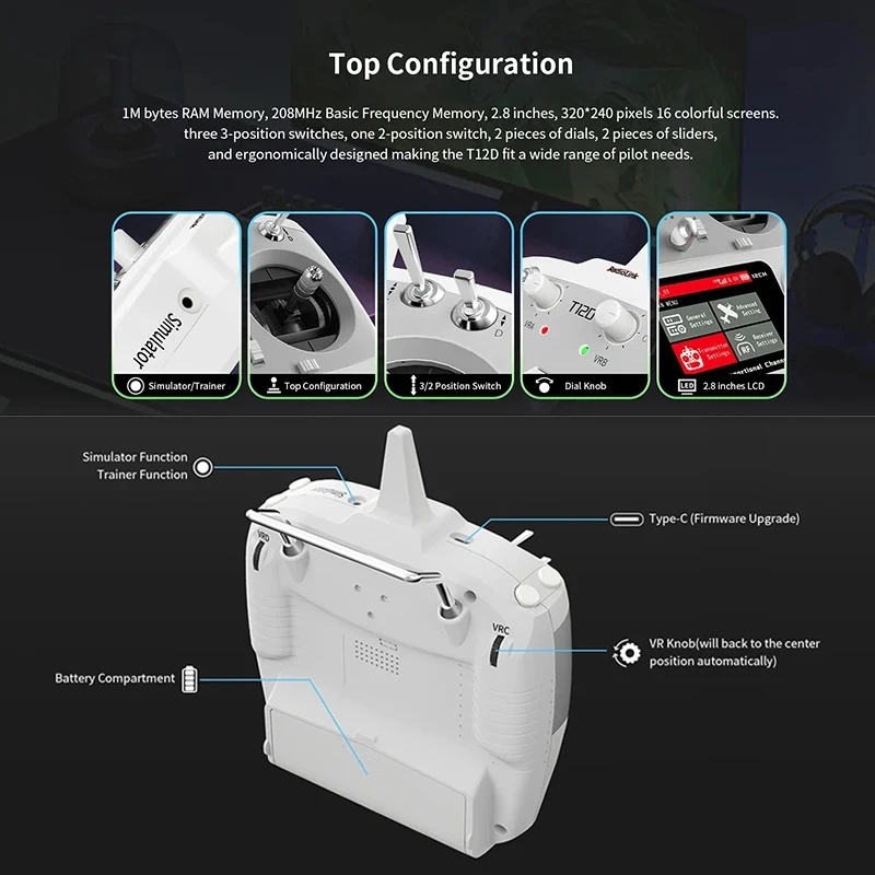 RadioLink T12D 12-kanaals 2,4 GHz RC-zender met R12FG-ontvanger - Afstandsbediening voor FPV Drone Vliegtuigauto met vaste vleugels