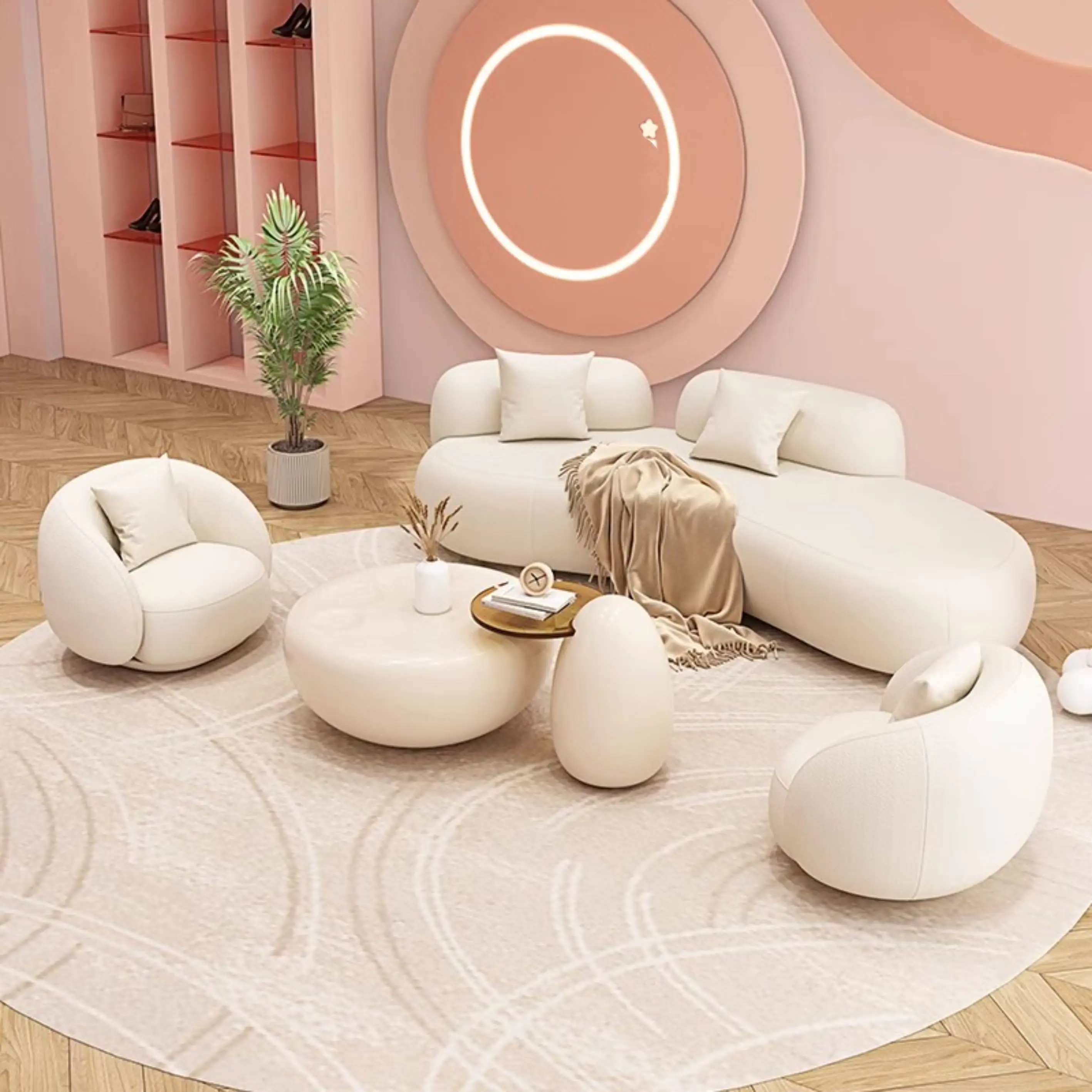 

Modern Salon Furniture Curved Fabric Waiting Room Sofa Couch Luxury White Unique Design Salon Sofa Set