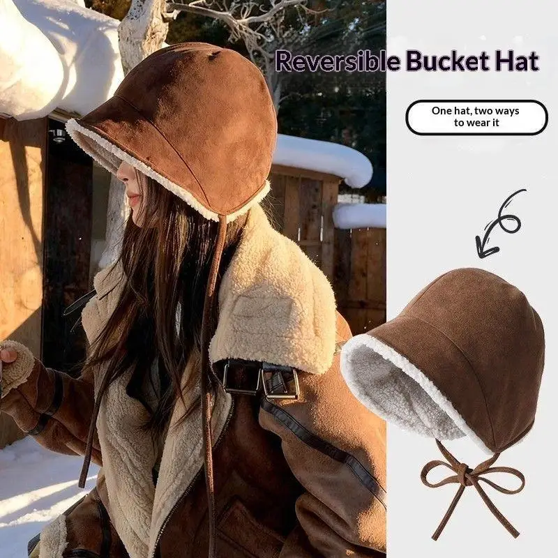 Reversible Suede Bucket Hat Thick Fleece Lining Lightweight Winter Cap for Outdoor Hiking Trekking Adventures