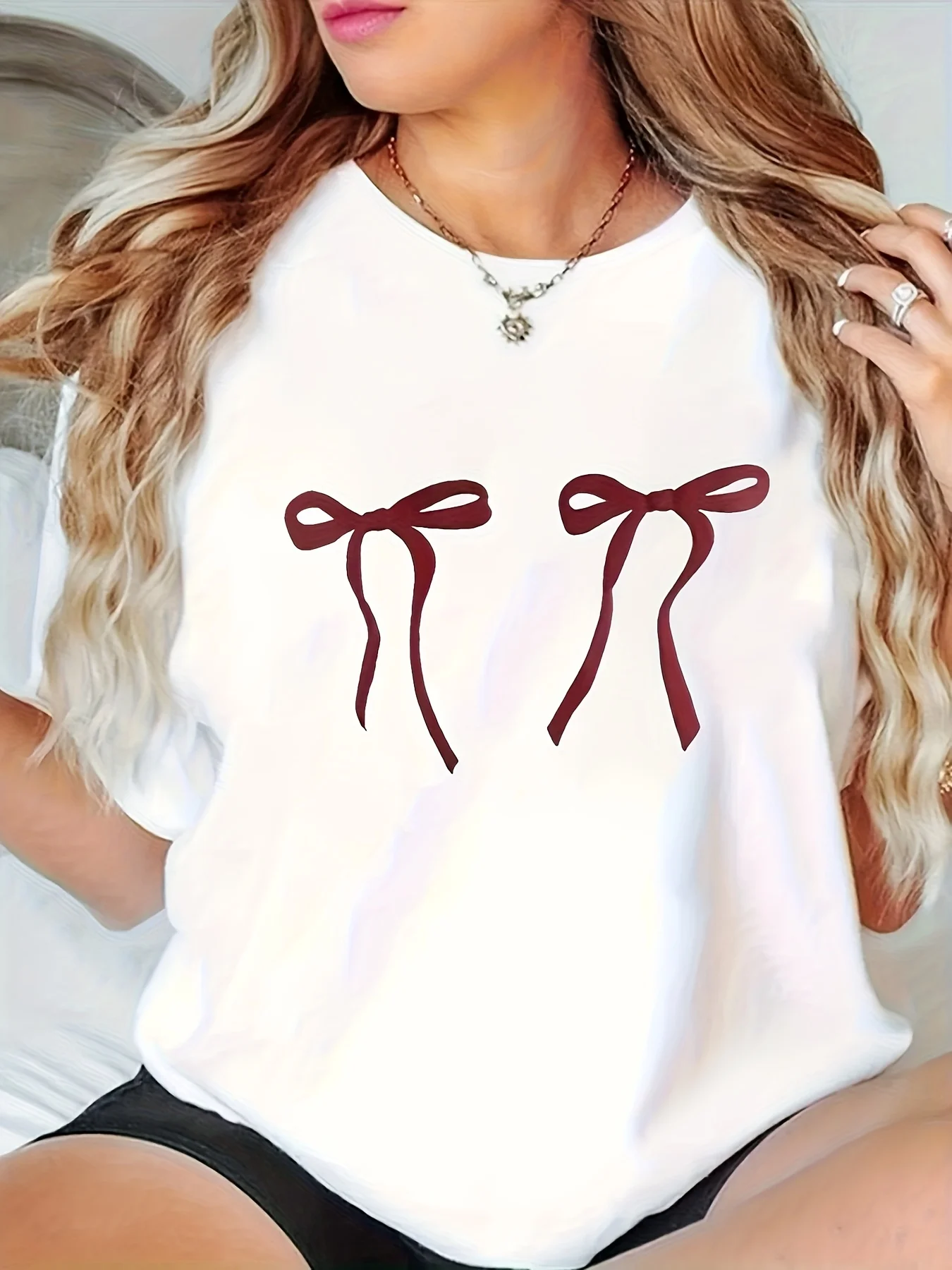 Same Style Product Europe and America Fashion Beautiful Bow-Knot Pattern Print Comfortable Elegant Round Neck Short Sleeve Top