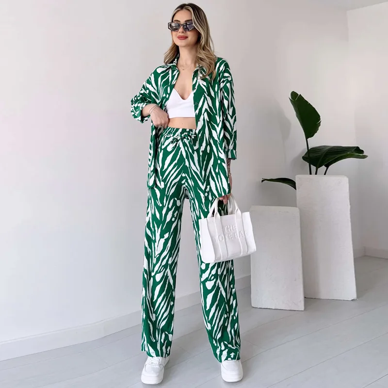 Autumn New Vintage Printed Pant Sets Women Long Shirts And Wide Legs Trousers Two Piece Set Fashion Trendy Streetwear Lady Suits