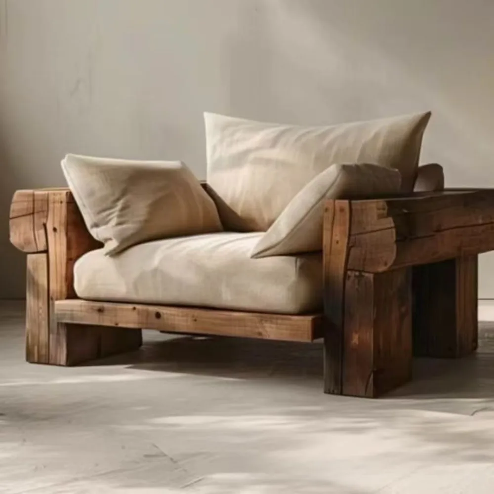 Solid Wood Elm Log Sofa Chair Double Seat Straight Row for B&B Small Apartment Living Room Leisure Vintage Style Armchair
