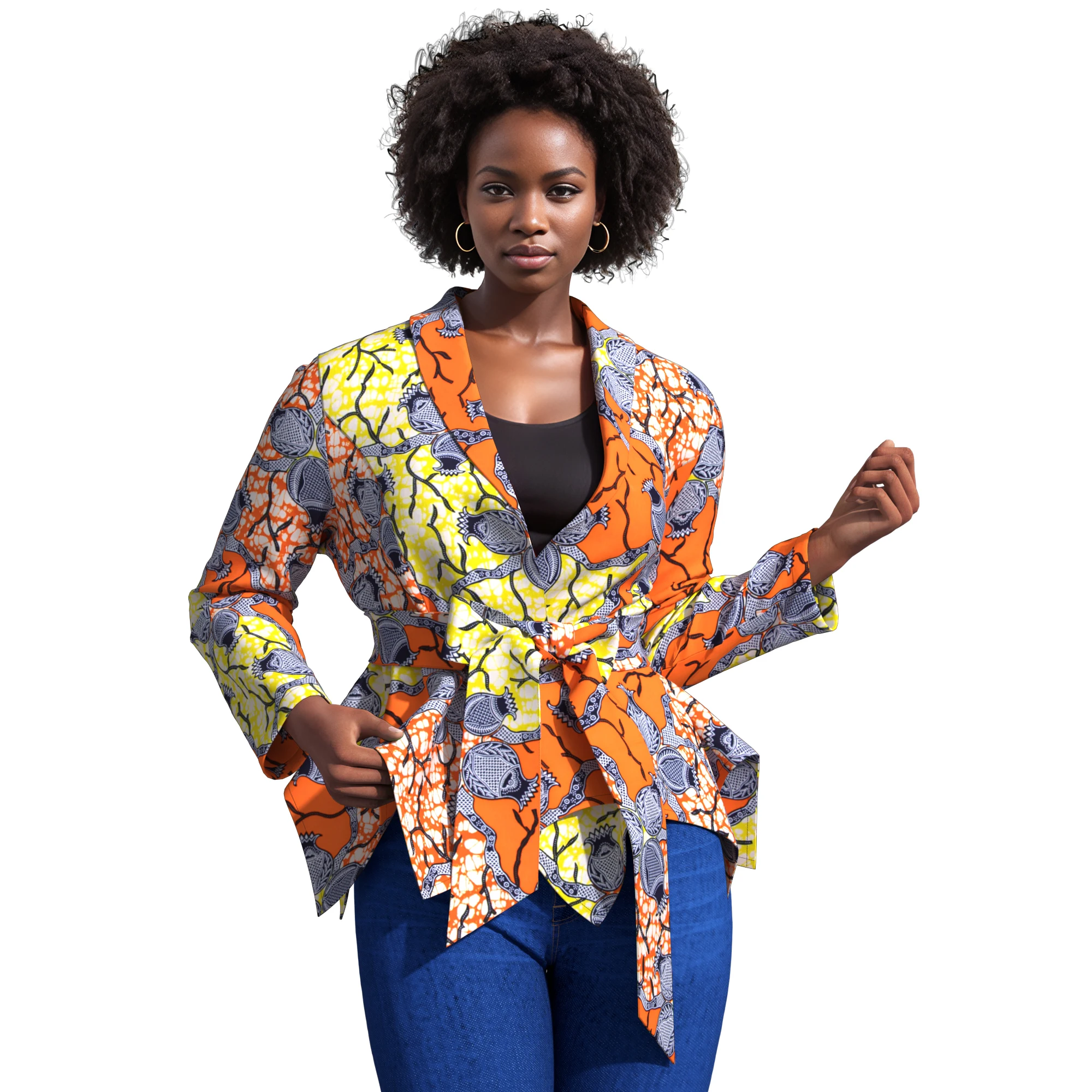 

African Wax Print Women's Blouse with Belt Long Sleeve Asymmetrical Hem Top for Office Formal And Elegant Batik Shirts WY11129
