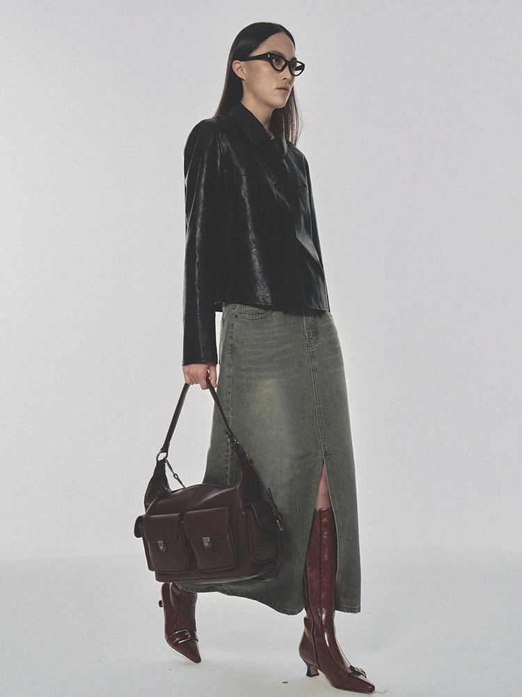 Goffrid G Bla Gold Proteção Ambiental Couro Jaet Tubo Reto Or Sle Gola Longo Casaco Feminino Sve