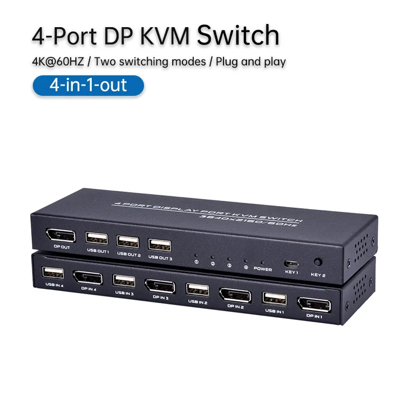 

4 PORT 4K DP KVM SWITCH 4 in 1 Out Usb2.0 3840*2160 60hz with Desktop Controller Plug and Play
