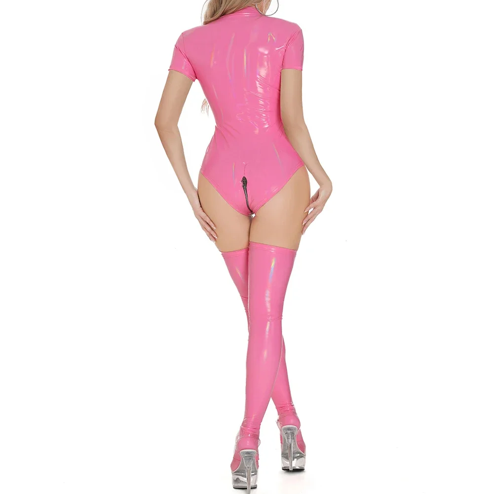 

Double Zip Bodysuit Bodystocking Double Zip Outfit Sexy Bodysuit Elastic Fabric Short Sleeve Stage Costume Stand Collar