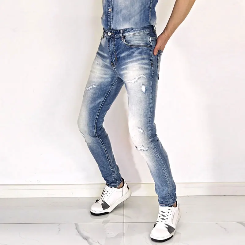 Men Light Blue Gradient Vintage Washed Ripped Stretch Slim Skinny Jeans Mid Waist Casual Hip Hop Streetwear Denim JeansY2K