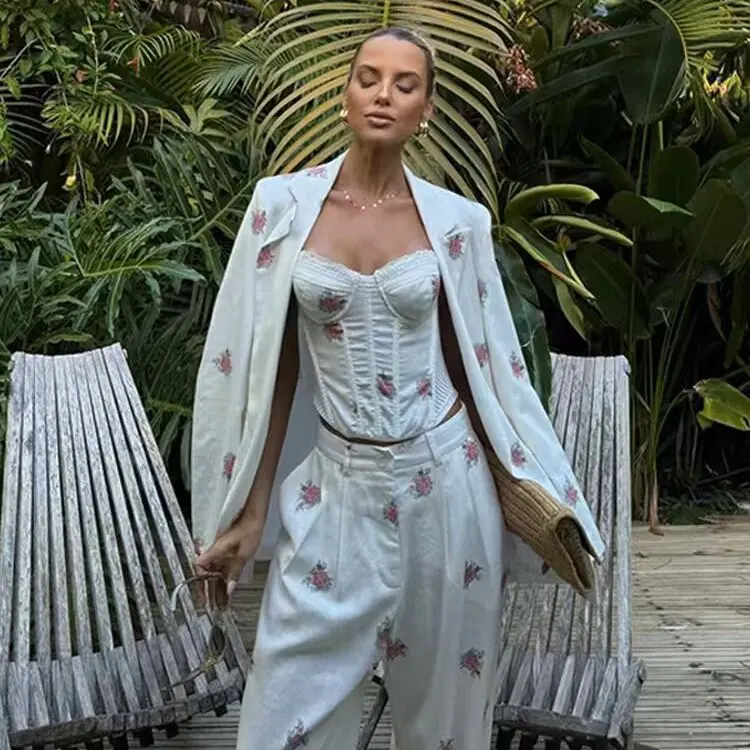 Fashionable ZR Style Spring Summer New Arrival Women's Suiting Jacket Strap Vest Wide Leg Pants Set Three Pieces Ensemble