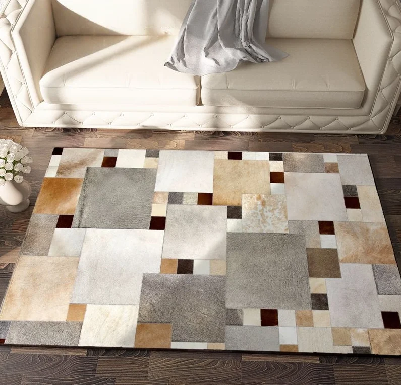Retro Handmade Real Cowhide Carpet Rug for Living Room Area Rug Bedroom Anti-skid Bedside Floor Mat American Style Study Rugs