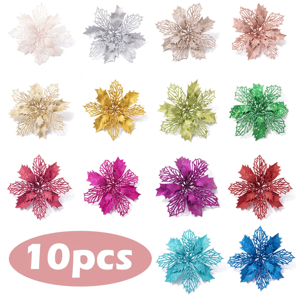 

10pcs Poinsettia Flowers for Xmas Tree Wreath Decoration Glitter Flowers DIY Christmas New Year Garland Tree Party Supplies